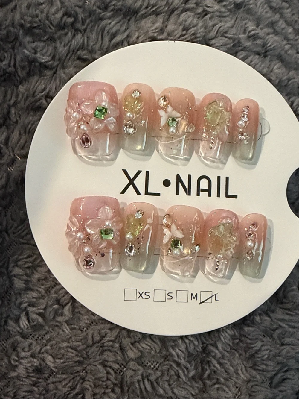 Pink and green Pearl Floral handmade acrylic Press-On Nail Set